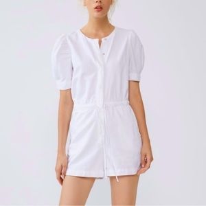 ZARA White Denim Romper Short Sleeve with Pockets Women’s Size Medium